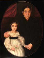 Retrato oval, madere e hija, reentelado. Anónimo S. XIX