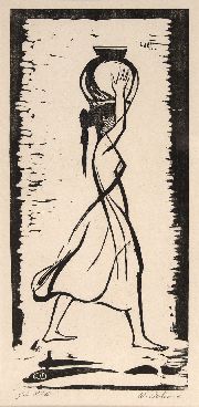 Dohme, Wilhelm. Mujer con cantaro, xilografía, dedicada. 40 x 20 cm