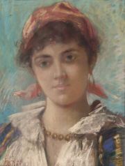 VILLAR, Francisco. Joven con pañuelo, pastel, 36 x 47 cm.