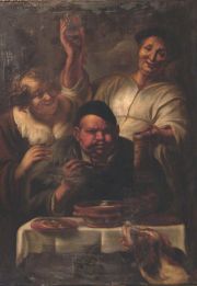 ANONIMO, Escuela Alemana siglo XVIII - XIX. Pequeño banquete, óleo sobre tela.