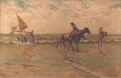 FORCINIANO, Giuseppe. Pescadores en la playa, óleo sobre tela.