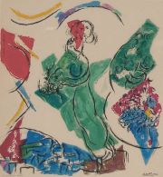 Chagall, Marc, Personajes, litografía ejecutada por Charles Sorlier, impresa por Mourlot Freres 1964.