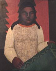 MOLLARI, Mario. Mujer con tapices, óleo 100 x 80 cm