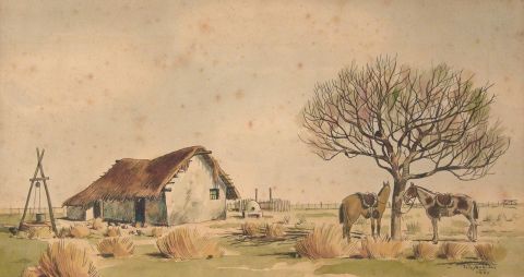 SAUBIDET:  Paisaje con rancho, Tinta y acuarela, firmado y fechado 1940