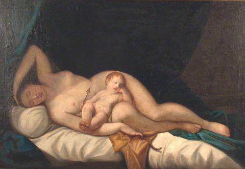 RENI, Guido. (Escuela). Desnudo femenino con cupido, óleo sobre tela. 1, 30 x 0, 88. (Restauraciones)