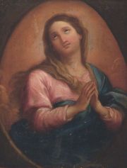 Escuela Italiana, Virgen Orando, óleo sobre cobre, siglo XIX, pequeñas saltaduras