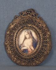 Virgen, miniatura oval marco de bronce calado