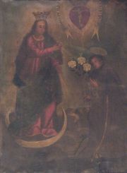 Cuzqueño: Virgen con santo (tela con cortes)