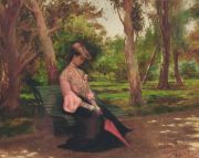 SAINZ, J. Camarero, 1904. Dama en el parque, óleo