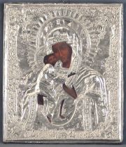 Icono ruso, Virgen con el Niño, montura de plata.