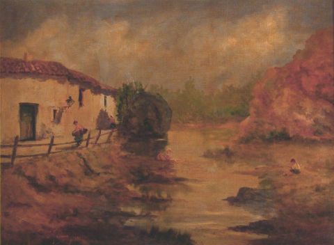 TORMO. Paisaje con río y personajes, óleo sobre tela. Firmado abajo a la isz. Tormo 1931. 60x82 cm.