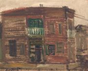 IRURETA, Hugo. Casas de madera, óleo cartón 40 x 50