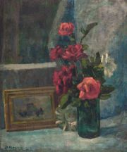 HEYNEMANN. Interior con rosas, óleo, 60 x 50.
