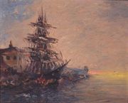 Koek Koek, Stephen R. 'Fragata en el Puerto', óleo sobre tabla, fdo abajo a la izquierda, 48,5 x 60 cm.