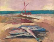 Scotti. Pescados en la playa, óleo 1951 80 x 100 cm