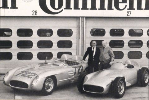 Juan Manuel Fangio, dos fotografías, una de ellas con Stirling Moss.
