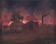 OSORIO LUQUE, Ranchos en la Noche, óleo 1962 dedicado, 32 x 40 cm.