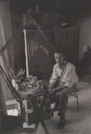 Sameer Makarius, Pintor en su atelier, fotografía original firmada al dorso. Impresión posterior.