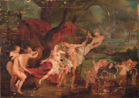 Escuela de Rubens, escena mitolgica, leo con deterioros.