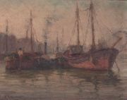 RONCHETTI, A. Barcos con pescador, óleo sobre tela.