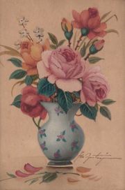 Dos acuarelas, Vasos con flores, firmados Apesteguia