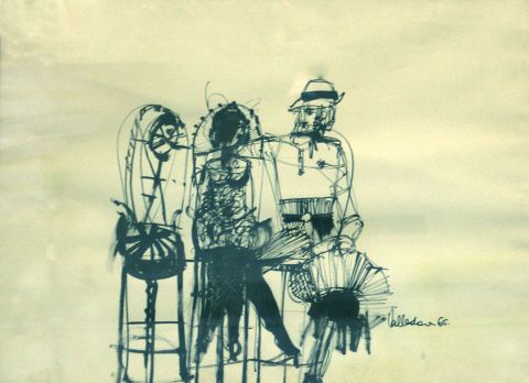 VALLADARES, Edmundo. Descansando el Fuelle, tinta china de 60 x 45 cm. Año 1966
