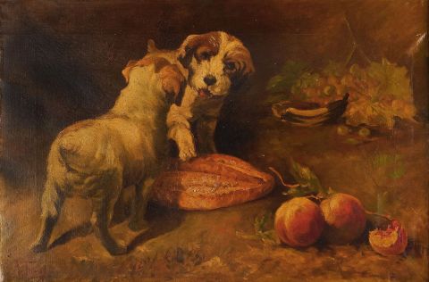Cachorros con frutos, óleo