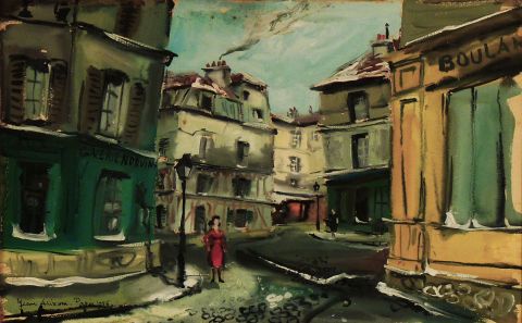 ANIRAN, Jean. Rue Norvins, acuarela. Fda. 1956