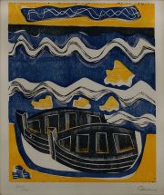 Seoane, Barcos en la orilla, xilografia