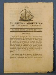 Impreso: Diario La prensa Argentina, Martes 13 de Agosto de 1816. Bs.As. Imprenta de Gandarillas y Socios. 1 Pza