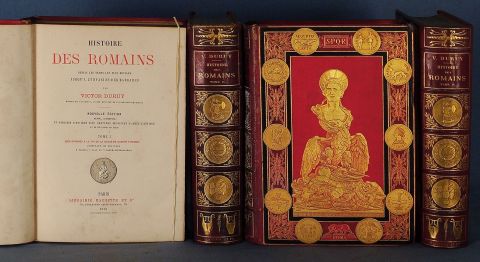 DURUY, Victor; HISTOIRE DES ROMAINS, Paris. Hachette, 1879. Importante encuadernación en rojo. 4 Vol.