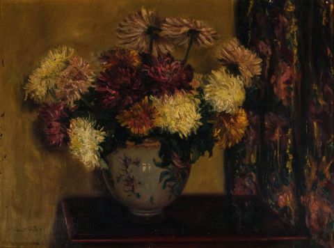 SKELTON, Violet W. Vaso con flores, óleo sobre tela, firmado. 63 x 81 cm.