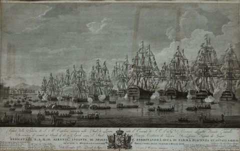 Marina con barcos, grabado