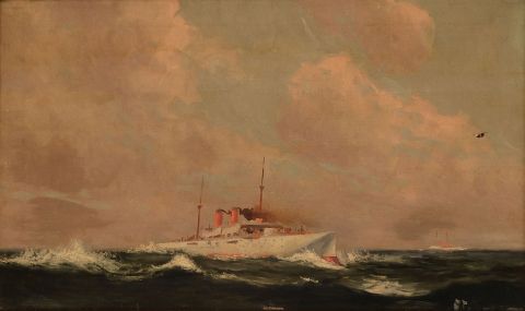 LARRAVIDE, Manuel. Crucero en alta mar, óleo, Mide: 33 x 52 cm., marco, averias y faltantes