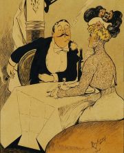 Caricatura, Pareja sentada a una mesa, Bafico 1908.