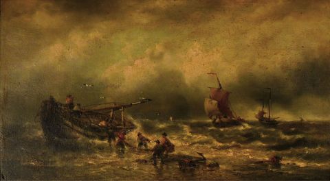 Musin, Francois E. Pescadores desembarcando, oleo sobre tabla fdo. de 42 x 79 cm.
