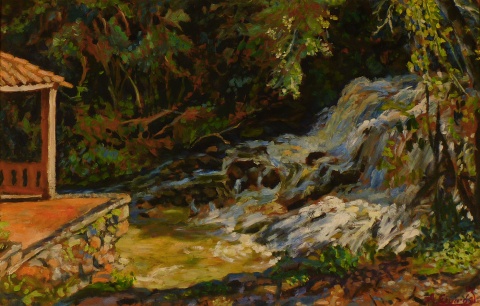QUIROS, Alejandro, La Cascada, óleo firmado de 60 x 90 cm.