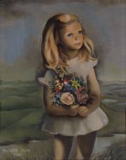 Lydis, Mariette, 'Niña con flores', oleo de 41 x 33 cm.