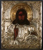 Icono. Cristo Bendicdicente con riza plateada