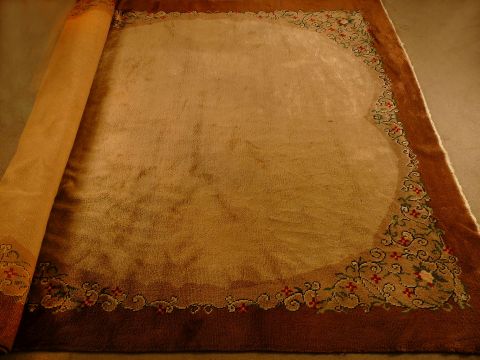 Alfombra, lisa beige con guarda marrón con rameados marrón oscuro 335 x 490