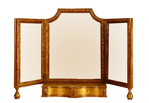 Espejo triptico dorado de mesa dos cajones. -44-