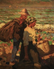 PLA y RUBIO, Alberto (1867-1937). Pescadores, óleo fdo. Al dorso inscripción Pescadores estudios.  76 x 60 cm.