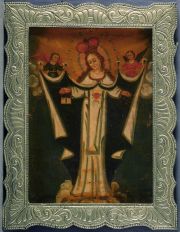 Virgen con angeles, óleo marco de metal estilo colonial