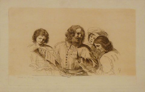 Personajes, grabado de Guercino. Marco con faltantes.