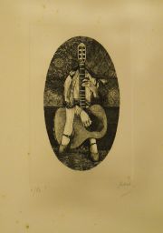 ROUX, Guillermo 'Figura con Guitarra', aguafuerte numerado 6/82, 19 x 15 cm.