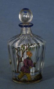 Perfumero vidrio con decoración oriental , fdo. Peq. cachadura en el tapon, con estuche.