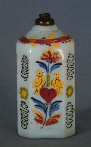 Frasco opalina blanco decoración vaso con flores y aves polícromas