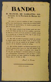 Bando del Gdor. de Bs.As. D. Manuel de Sarratea para restablecer el orden público. Imprenta de Alvarez 1820.