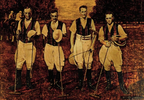 ROBERTO JOSE KALUDA Equipo de Polo Hurlingham Club fdo. Roberto José Kaluda, óleo y laminado en dorado, técnica mixta.