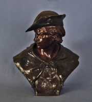 Picault . Busto de caballero con sobrero, escultura en bronce.